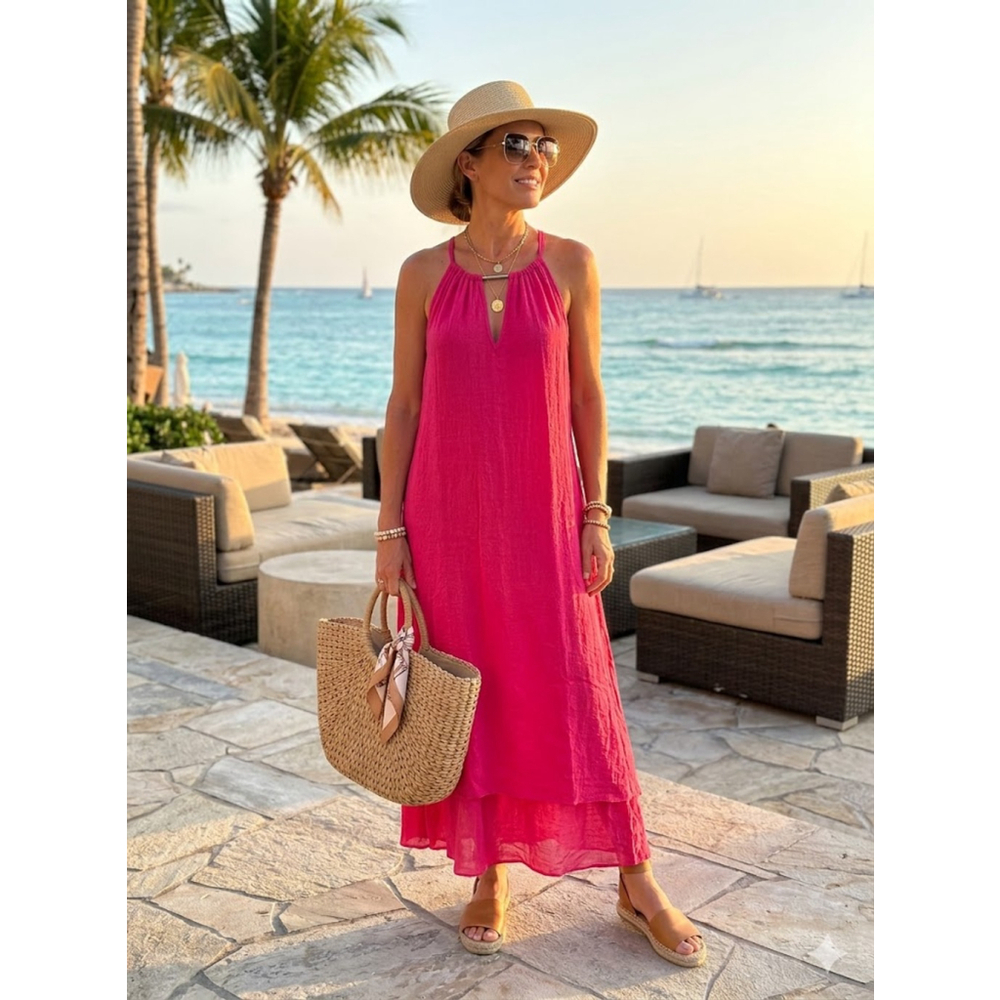 Mlle Gabrielle Pink Maxi Dress 1X Tiered Halter Boho Resort